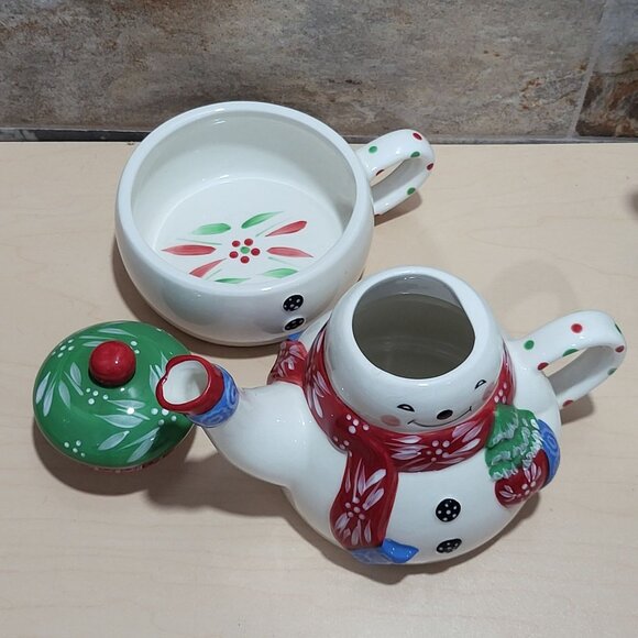 Temptations by Tara 3 Piece Ceramic Stacking Snowman Teapot Mug Cup Set - Picture 7 of 11
